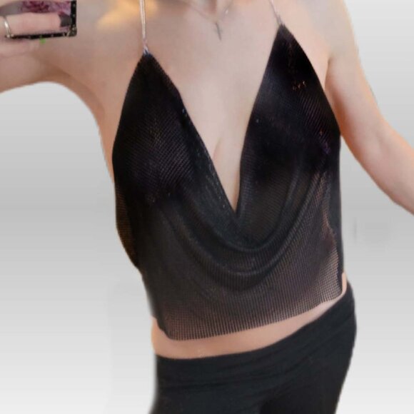 ✨🎉Black Metal Chain Sparkly Draped Jeweled Party Going out Cropped Top🎉✨ - Picture 8 of 8